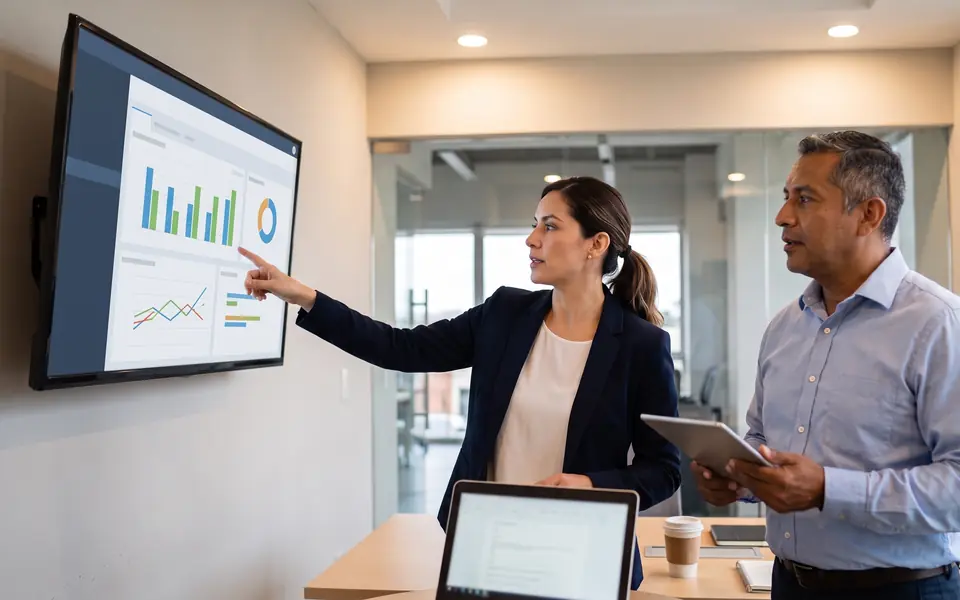 Team analyzing business metrics on a data dashboard