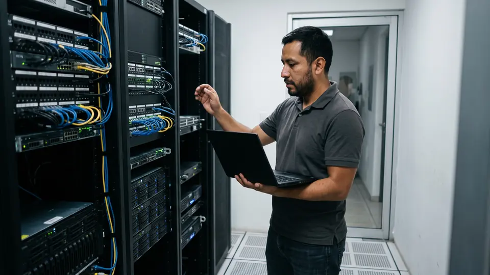 Specialist reviewing servers in a data center